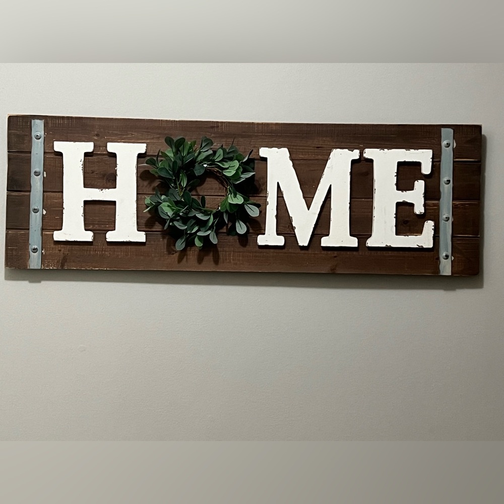 Wood home sign with wreath
